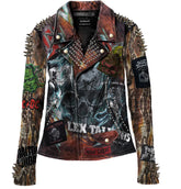 Women’s Gothic Leather Jacket – Snake Print Sleeves, Cannibal Corpse Patch & Bullet Spikes, Custom Punk Moto Fit